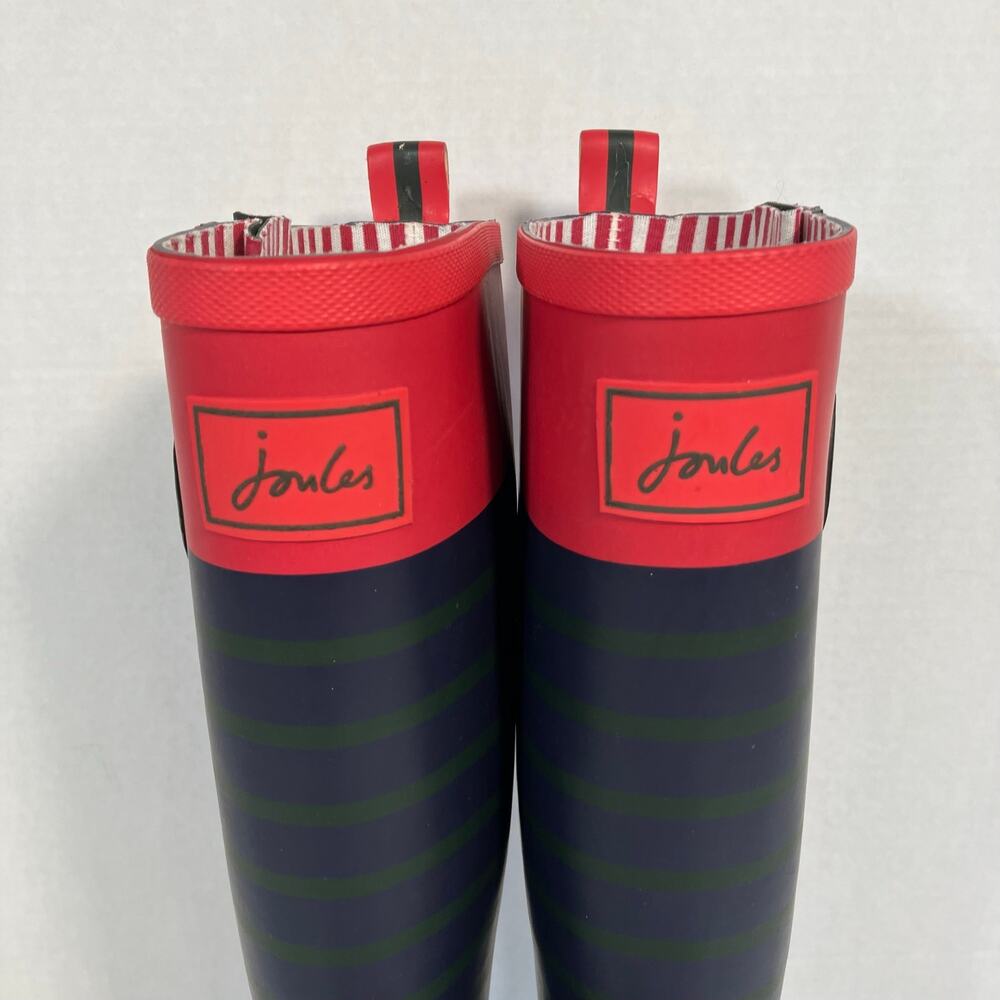 Joules Sz 7 Tall Welly Print Rain Boots Navy & Green Stripe Gold Buckle - Picture 6 of 16